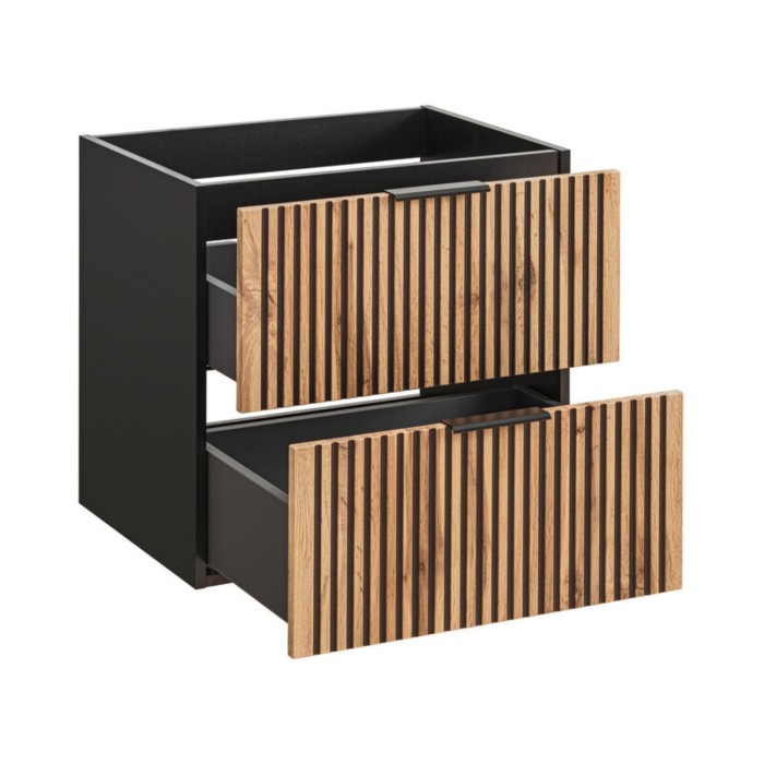 Mobile sottolavabo KINOKO – 2 cassetti – Finitura a doghe in legno naturale e nero – L60 × P46 × H57 cm – Da appendere
