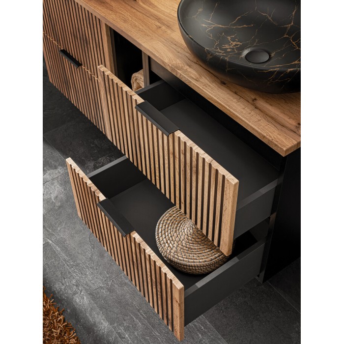 Mobile sottolavabo KINOKO – 2 cassetti – Finitura doghe in legno naturale e nero – L80 × P46 × H57 cm – Da appendere