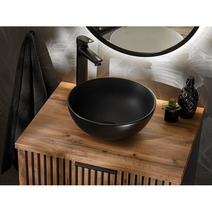 Mobile sottolavabo KINOKO – 2 cassetti – Finitura doghe in legno naturale e nero – L80 × P46 × H57 cm – Da appendere