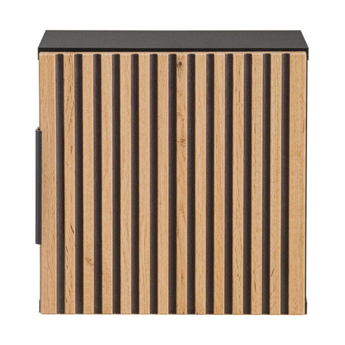 Cassettiera da muro KINOKO – 1 anta – Finitura doghe in legno naturale e nero – L35 × P22 × H35 cm – Da appendere