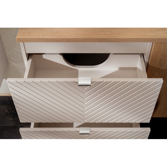 Mobile sottolavabo AOKI – 2 cassetti – Finitura beige cachemire a motivi chevron e maniglie dorate – L60 × P39 × H57 cm – Da app