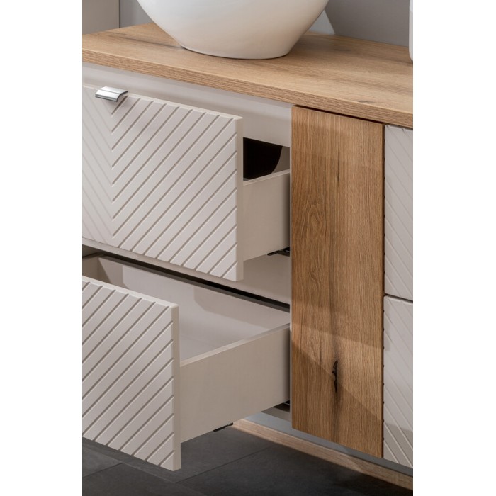 Mobile sottolavabo AOKI – 2 cassetti – Finitura beige cachemire a motivi chevron e maniglie dorate – L60 × P39 × H57 cm – Da app