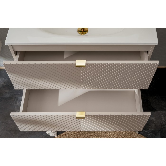 Mobile sottolavabo AOKI – 2 cassetti – Finitura beige cachemire con motivi a spina di pesce e maniglie dorate – L80 × P39 × H57 