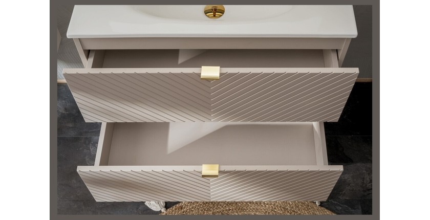 Zoom sur les tiroirs ouverts du meuble sous vasque AOKI 80cm