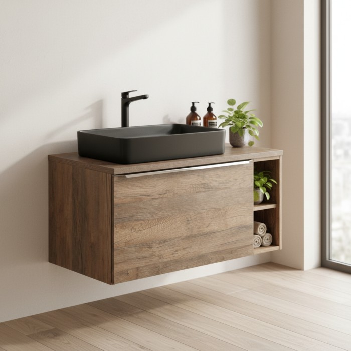 Ensemble de salle de bain VANTA chêne 100cm avec vasque noire à poser mis en situation