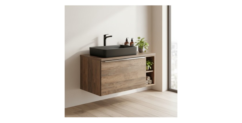Ensemble de salle de bain VANTA chêne 100cm avec vasque noire à poser mis en situation