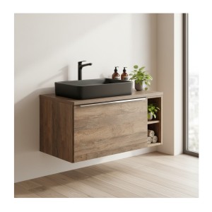 Ensemble de salle de bain VANTA chêne 100cm avec vasque noire à poser mis en situation