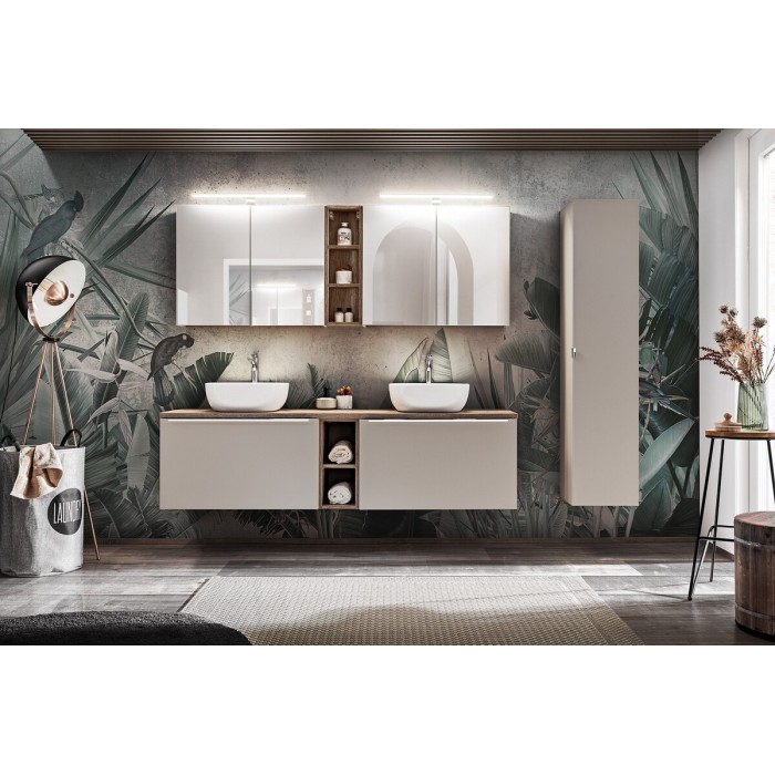 Ensemble meuble sous vasque + meuble de rangement + vasque blanche à poser VANTA taupe 180cm mis en situation