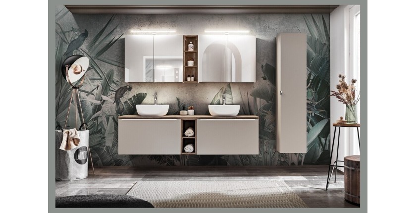 Ensemble meuble sous vasque + meuble de rangement + vasque blanche à poser VANTA taupe 180cm mis en situation