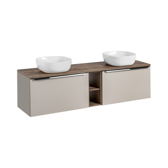 Ensemble meuble sous vasque + meuble de rangement + vasque blanche à poser VANTA taupe 180cm
