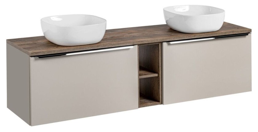 Ensemble meuble sous vasque + meuble de rangement + vasque blanche à poser VANTA taupe 180cm