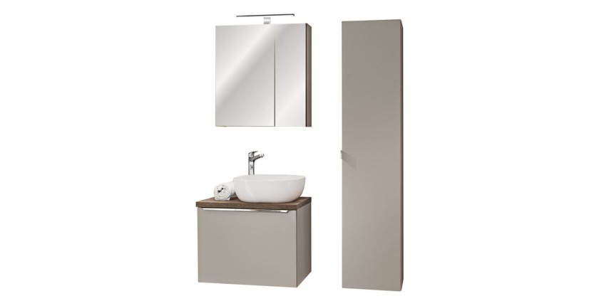 Ensemble VANTA taupe avec meuble sous vasque, vasque à poser, miroirs et meubles de rangement