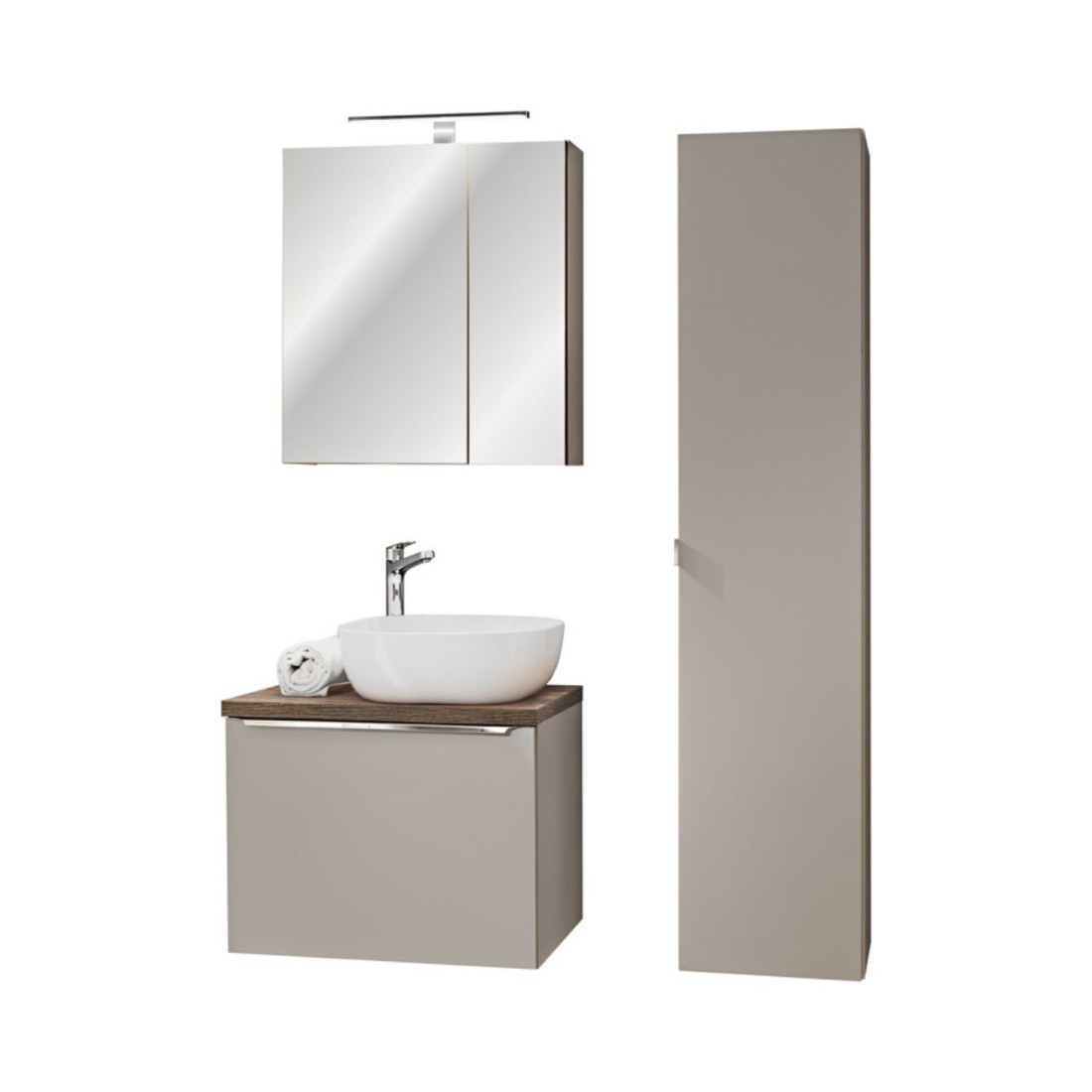 Ensemble VANTA taupe avec meuble sous vasque, vasque à poser, miroirs et meubles de rangement