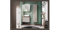Ensemble VANTA taupe avec meuble sous vasque, vasque à poser, miroirs et meubles de rangement mis en situation