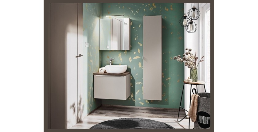 Ensemble VANTA taupe avec meuble sous vasque, vasque à poser, miroirs et meubles de rangement mis en situation