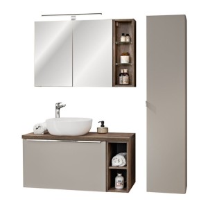 Ensemble VANTA taupe 100cm avec meubles de rangement, meuble sous vasque, plan vasque, miroirs et vasque à poser