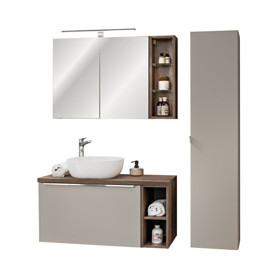 Ensemble VANTA taupe 100cm avec meubles de rangement, meuble sous vasque, plan vasque, miroirs et vasque à poser