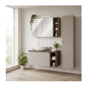 Ensemble VANTA taupe 100cm avec meubles de rangement, meuble sous vasque, plan vasque, miroirs et vasque à poser en situation