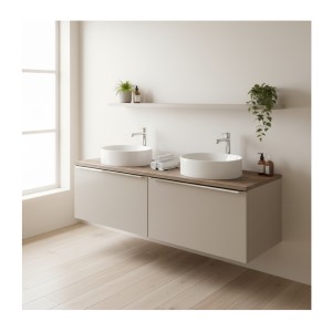 Ensemble meubles sous vasque et plan vasque VANTA taupe 160cm mis en situation