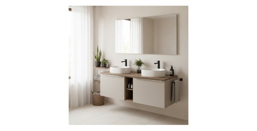 Ensemble meuble sous vasque, plan vasque et meuble de rangement VANTA taupe 140cm mis en situation