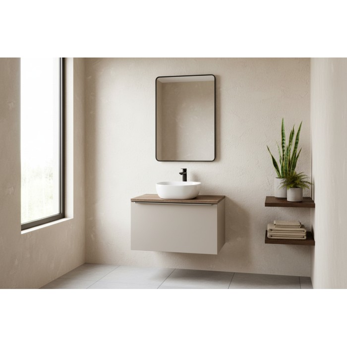 Ensemble meuble sous vasque + plan vasque + vasque à poser blanche 80cm VANTA taupe mis en situation