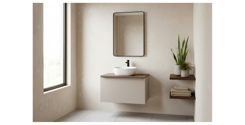 Ensemble meuble sous vasque + plan vasque + vasque à poser blanche 80cm VANTA taupe mis en situation