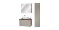 Ensemble meuble sous vasque, miroir, colonne de rangement, vasque à poser blanche VANTA taupe