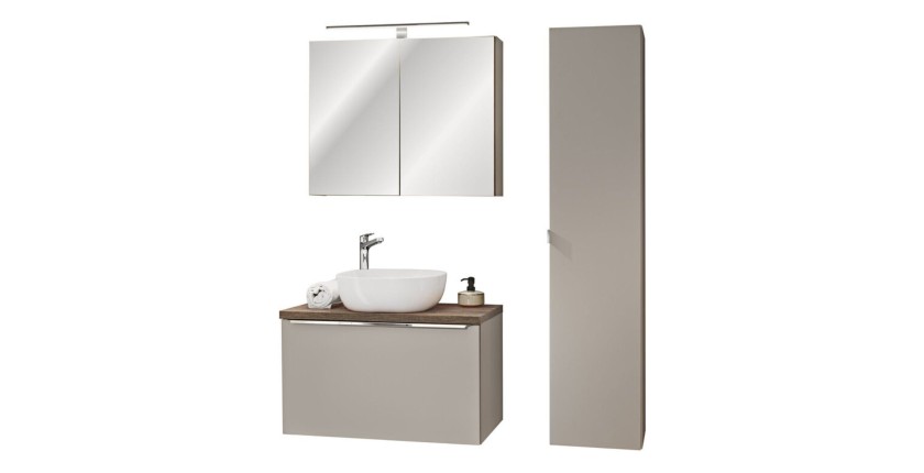 Ensemble meuble sous vasque, miroir, colonne de rangement, vasque à poser blanche VANTA taupe