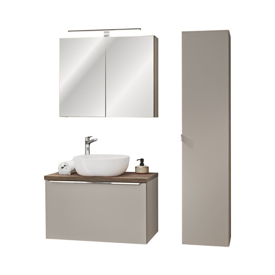 Ensemble meuble sous vasque, miroir, colonne de rangement, vasque à poser blanche VANTA taupe