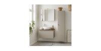 Ensemble meuble sous vasque, miroir, colonne de rangement, vasque à poser blanche VANTA taupe mis en situation