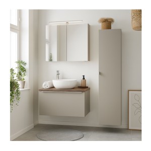 Ensemble meuble sous vasque, miroir, colonne de rangement, vasque à poser blanche VANTA taupe mis en situation