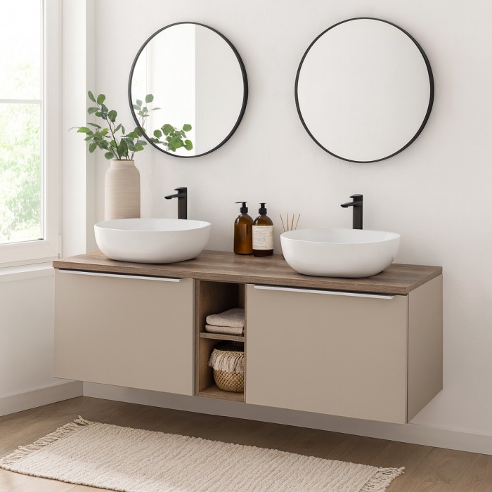 Ensemble meubles sous vasque, meuble de rangement et vasques blanches à poser VANTA 140cm mis en situation