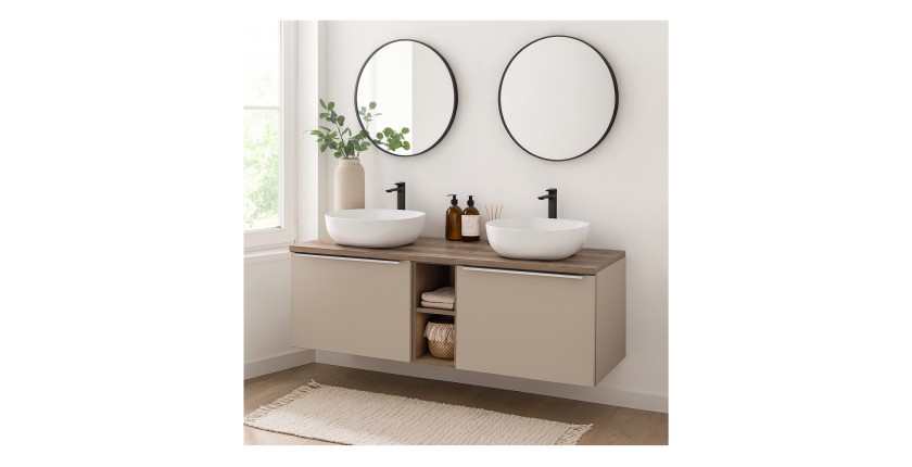 Ensemble meubles sous vasque, meuble de rangement et vasques blanches à poser VANTA 140cm mis en situation