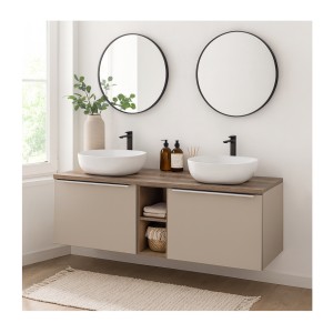 Ensemble meubles sous vasque, meuble de rangement et vasques blanches à poser VANTA 140cm mis en situation