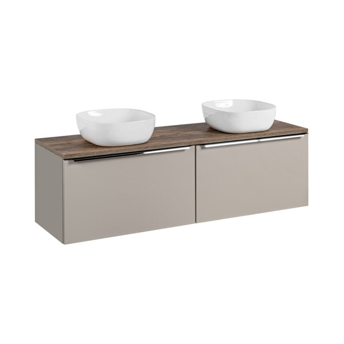 Ensemble meubles sous vasque, plan vasque et deux vasques blanches à poser 160cm VANTA taupe