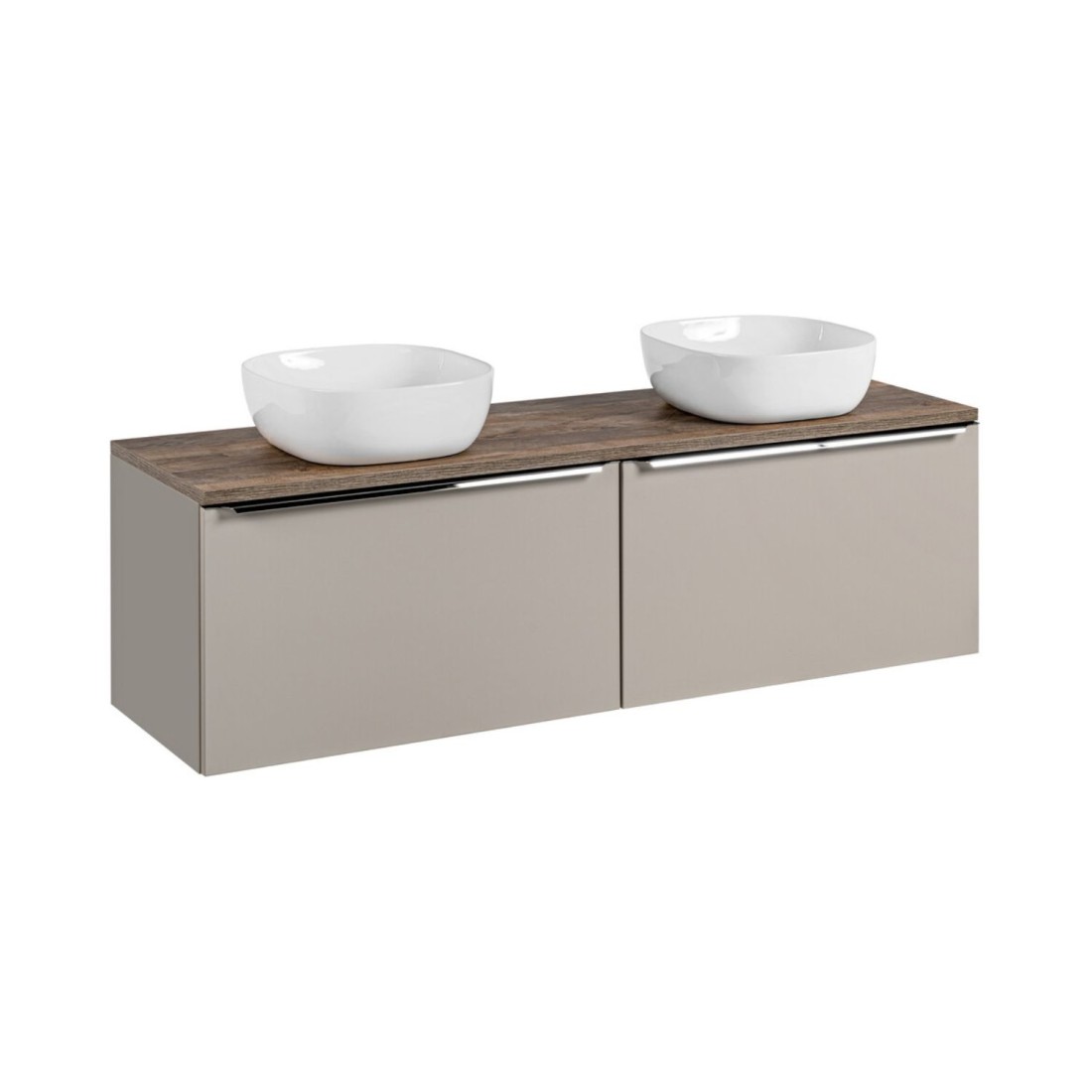 Ensemble meubles sous vasque, plan vasque et deux vasques blanches à poser 160cm VANTA taupe