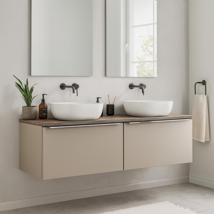 Badezimmer-Set VANTA taupe: Unterschränke 160 cm + Waschtischplatte + 2 Aufsatzwaschbecken