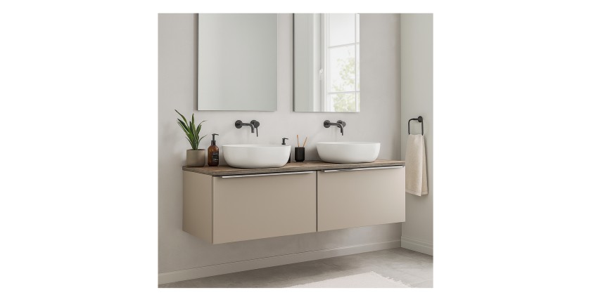 Ensemble meubles sous vasque, plan vasque et deux vasques blanches à poser 160cm VANTA taupe mis en situation