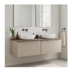 Ensemble meubles sous vasque, plan vasque et deux vasques blanches à poser 160cm VANTA taupe mis en situation