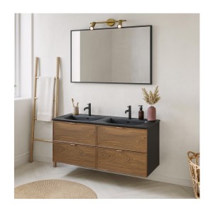 Ensemble meuble sous vasque et double vasque encastrée noire SAVIA mis en situation