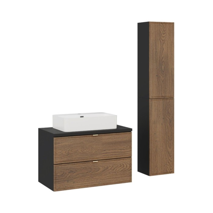 Ensemble SAVIA meuble sous vasque 80cm, plan vasque, vasque à poser blanche et colonne de rangement