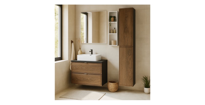 Ensemble SAVIA meuble sous vasque 80cm, plan vasque, vasque à poser blanche et colonne de rangement mis en situation