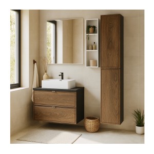 Ensemble SAVIA meuble sous vasque 80cm, plan vasque, vasque à poser blanche et colonne de rangement mis en situation