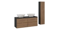 Ensemble meubles sous vasque + double vasque blanche effet marbre + une colonne de rangement SAVIA