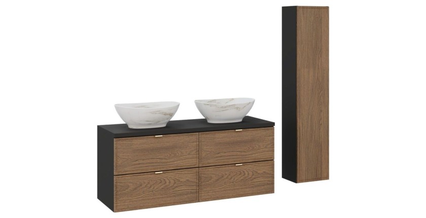 Ensemble meubles sous vasque + double vasque blanche effet marbre + une colonne de rangement SAVIA