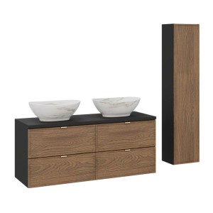 Ensemble meubles sous vasque + double vasque blanche effet marbre + une colonne de rangement SAVIA