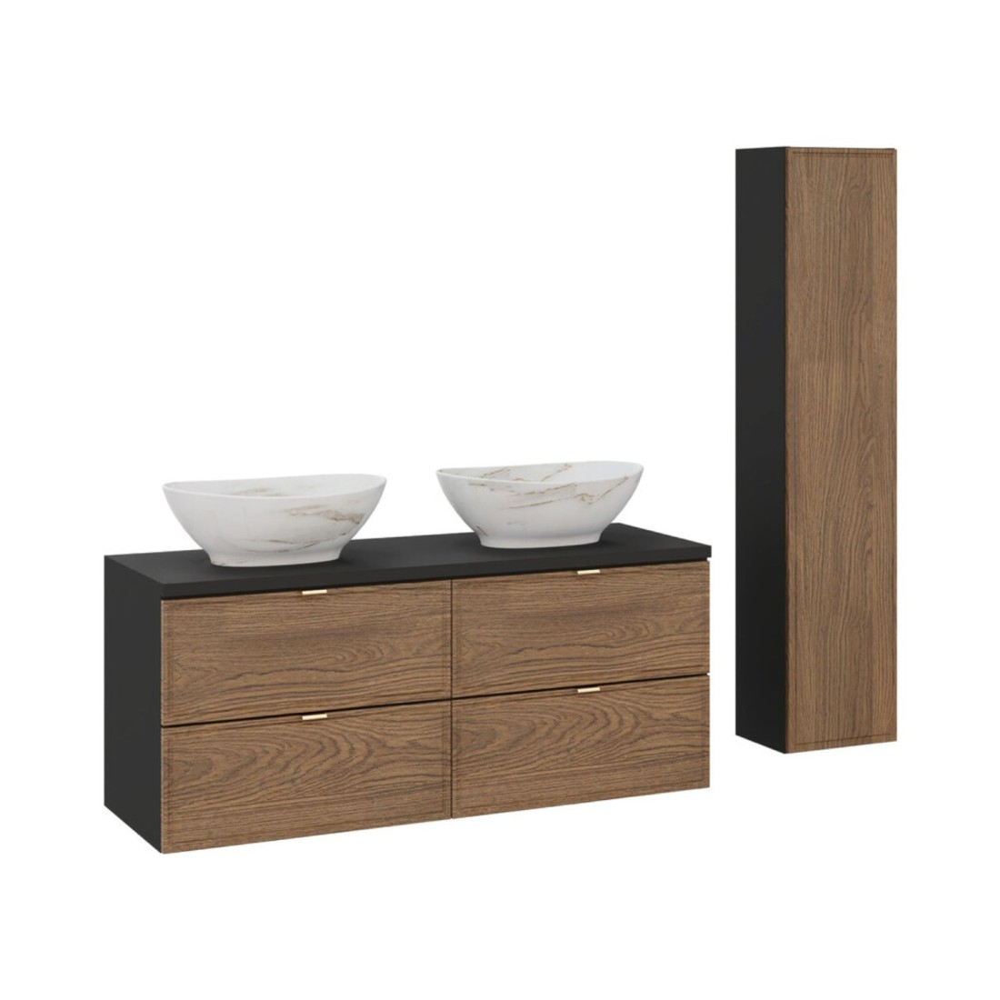 Ensemble meubles sous vasque + double vasque blanche effet marbre + une colonne de rangement SAVIA