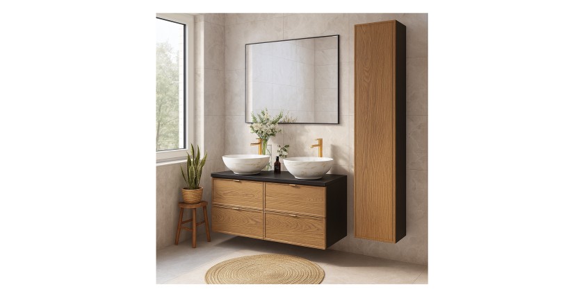 Ensemble meubles sous vasque + double vasque blanche effet marbre + une colonne de rangement SAVIA mis en situation