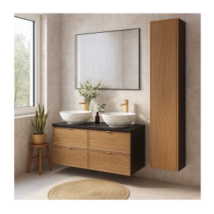 Ensemble meubles sous vasque + double vasque blanche effet marbre + une colonne de rangement SAVIA mis en situation