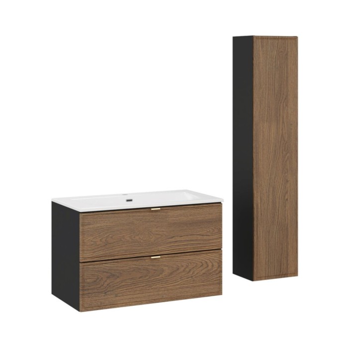 Ensemble de salle de bain SAVIA avec meuble sous vasque 80cm, vasque encastrée blanche et colonne de rangement